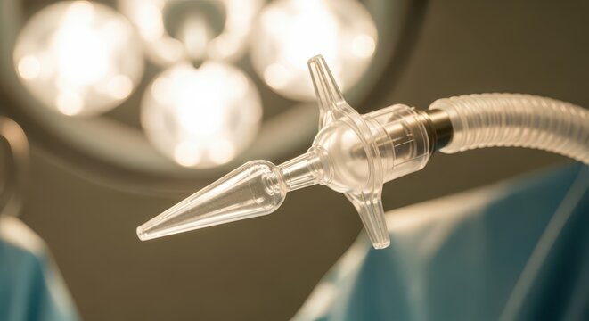 Medical anesthesia breathing circuit tube and ventilator connection with operating room lights bokeh background, close-up detail