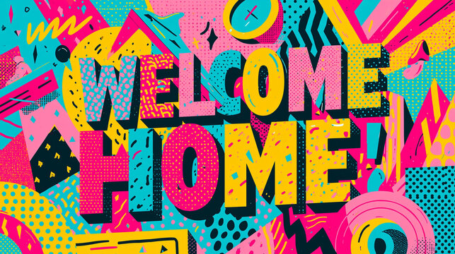 Colorful graphic design featuring 'Welcome Home!' in bold letters.