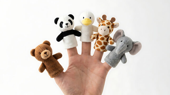 Five plush animal finger puppets worn on a human hand isolated on white background
