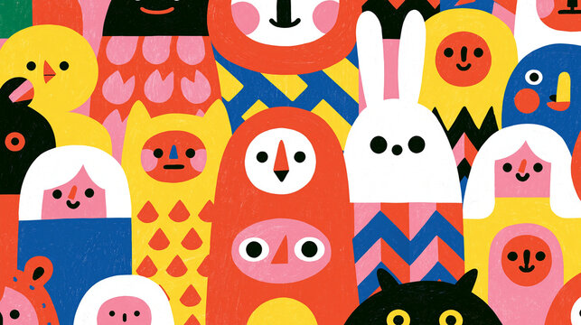 Colorful abstract illustration featuring diverse whimsical characters.