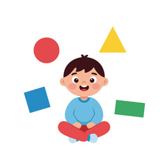 A cute cartoon boy sits cross-legged surrounded by colorful geometric shapes like a red circle, yellow triangle, and blue square.