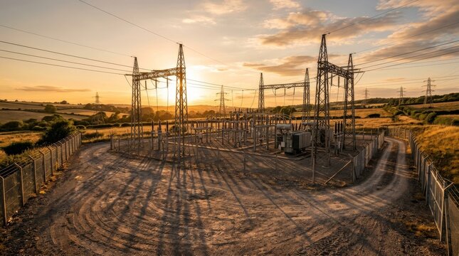 Power substation towers rise over a rural field at sunset.
