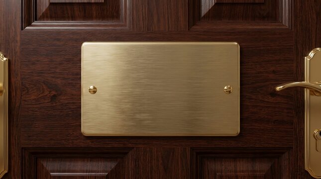 Close up of a blank brass nameplate on a wooden door with a doorknob