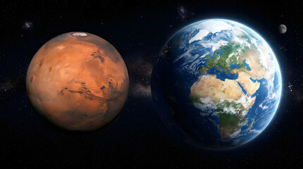 Mars and Earth planets in deep space. Realistic view of two planets orbiting in galaxy. © MD BILLAL MIA