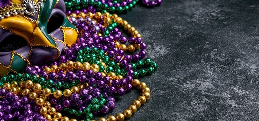 Obraz premium A lively Mardi Gras party scene with vibrant carnival beads and a colorful mask on a dark background.