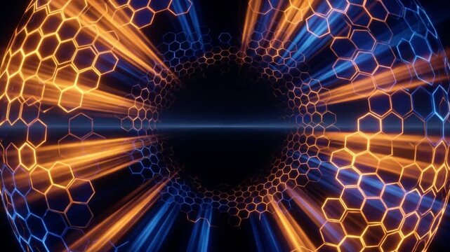漆黒の宇宙空間でアンバーとコバルトブルーの六角形ハニカム光シールドが迫る抽象的な背景