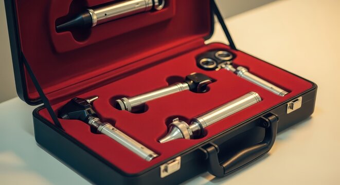 Medical Diagnostic Otoscope Set in a Black Case with Red Interior, Professional Healthcare Tool Kit