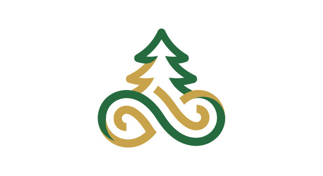 Abstract green and gold evergreen tree with infinity loop line art icon