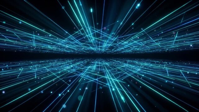漆黒の宇宙空間でシアンブルーの幾何学的な光の線とノードが高速で放射・拡大する背景