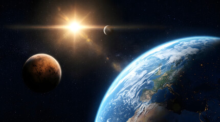Planet Earth and Mars in deep space. Cosmic view of solar system with bright sun flare. © MD BILLAL MIA