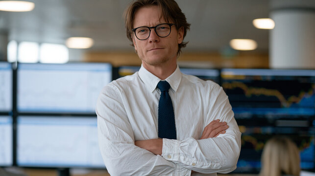 Stock trader stands at wide multi-screen display in hospital financial recovery wing, cosmetic formulation charts layered alongside equity graphs, establishing wide shot captures
