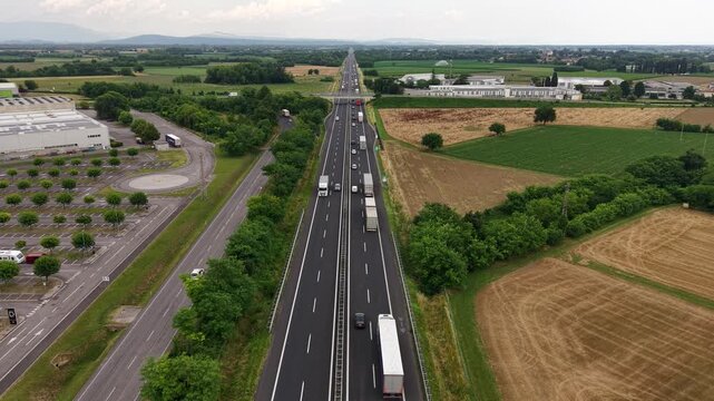 Drone Shot of Traffic on A4 Highway Between Torino and Trieste, Italy