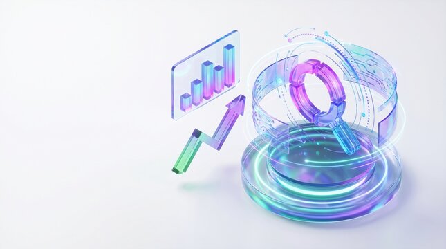 3D rendered glass icon representing data analysis and business growth with magnifying glass and bar chart.