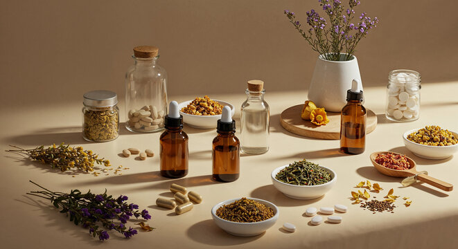 Warm flat lay composition of herbal medicines natural remedies dropper bottles dried flowers herbs and plant extract supplements arranged on a light beige studio surface.