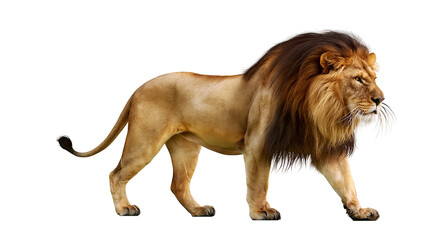 Majestic male lion with full mane walking profile view © Natalia