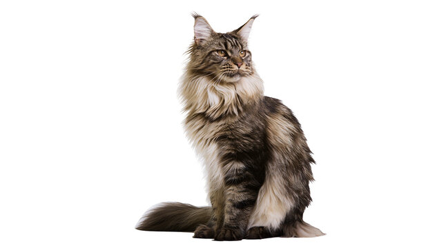 Maine Coon cat sitting fluffy fur, brown tabby markings