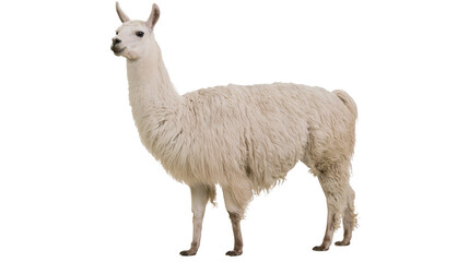 White fluffy llama standing profile view © Natalia
