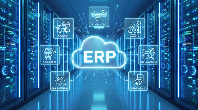 Cloud erp software system integration concept inside modern data center server room environment