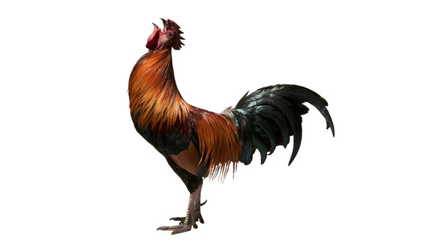 Rooster crowing with vibrant orange and black plumage