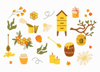 Honey and beekeeping elements set isolated on white background.Clipart collection with wooden beehive, honey jars, honeycomb, wax candles and flowers. © Helga KOV