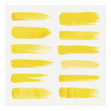 Colecci&oacute;n de pinceladas de acuarela amarilla y texturas de pintura