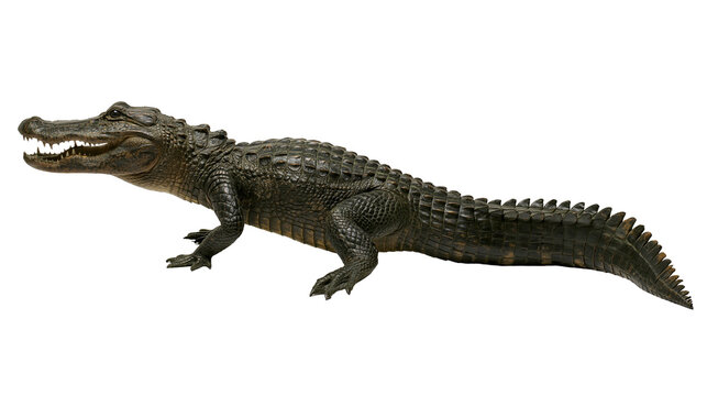 Alligator with open mouth showing sharp teeth and scales