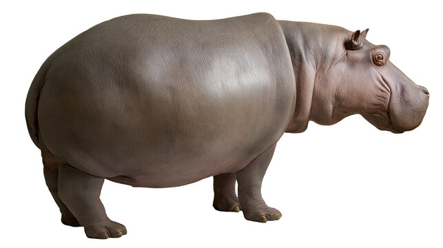 Large hippopotamus standing side view, grey skin texture