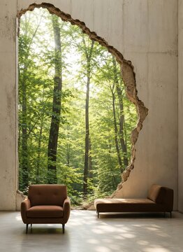 A large hole in a concrete wall reveals a bright green forest. A brown armchair and chaise lounge sit inside the empty room.