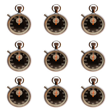 A seamless repeating pattern consisting of vintage-style mechanical stopwatches evenly distributed across a black background.