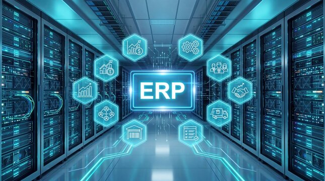 Enterprise resource planning software system integration concept inside modern data center