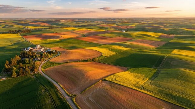 Golden Hour Aerial View of Colorful Farmland Fields and Rural Farmhouse