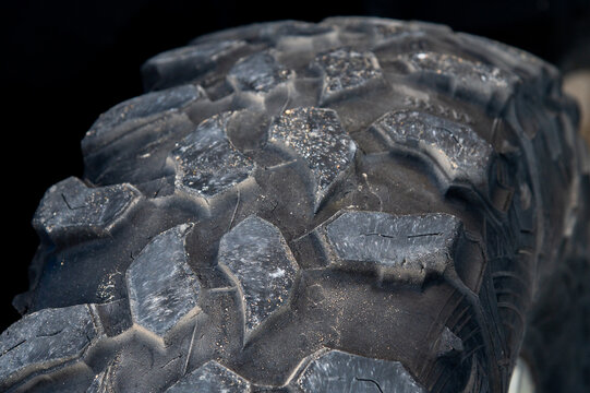 Close-up of rugged off-road tire tread with detailed texture and pattern