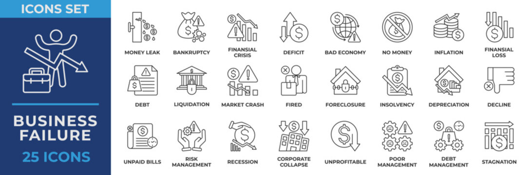 Business Failure Icons Collection Set. Containing icon business, failure, money, financial, inflation, bankruptcy, liquidation, debt, market crash. Outline Vector Illustration.