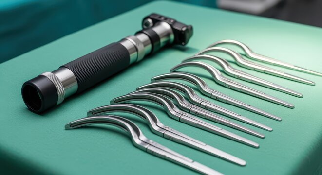 Medical Instruments: A Laryngoscope Handle with Multiple Blades Laid Out for Intubation Procedure