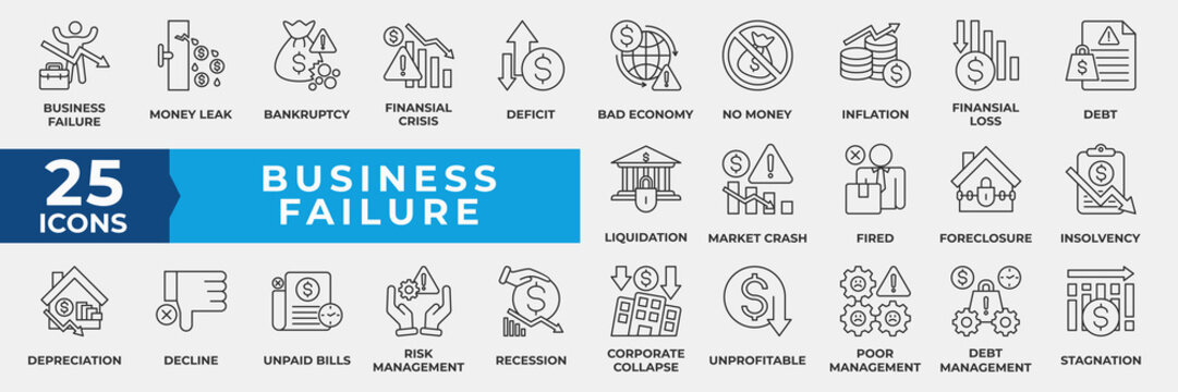 Business Failure Icon Set. Containing business, failure, money, financial, inflation, bankruptcy, liquidation, debt, market crash. Simple Line Vector Illustration Icons Collection.
