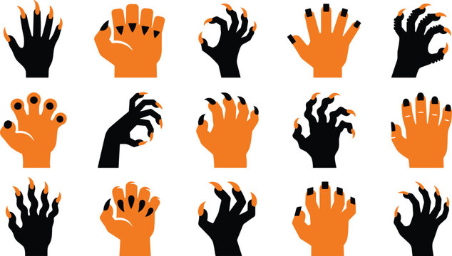 Set of spooky monster hands and claws in orange and black colors perfect for creative halloween party design projects