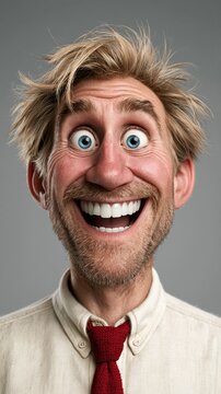 Blonde man with big blue eyes and a wide, joyful smile