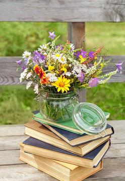 glass jar full of different colorful flowers and stack of books close up on wooden bench in garden. Healthy plants harvest for preparation infusion, tea. Reading, knowledge botany, study of herbs