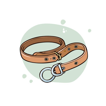 Simple hand drawn illustration of a brown leather belt with a metal buckle and a D ring accessory