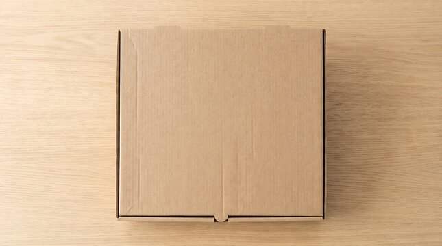 Closed Cardboard Box on Wooden Surface Ready for Shipping or Storage