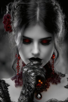 Gothic Woman with Crimson Eyeshadow and Black Lace, dramatic portrait