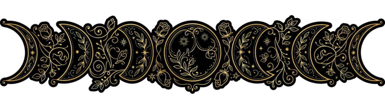 Celestial Moon Phases Decorative Border with Floral Ornaments