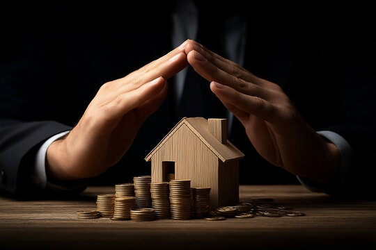 Hand cover a house and coins