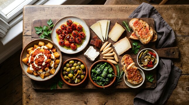 Spanish tapas assortment with patatas bravas, padron peppers, cheese, pan con tomate, and olives on a wooden board