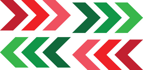 Fototapeta premium A collection of red and green chevron arrow icons arranged in rows against a plain white background surface