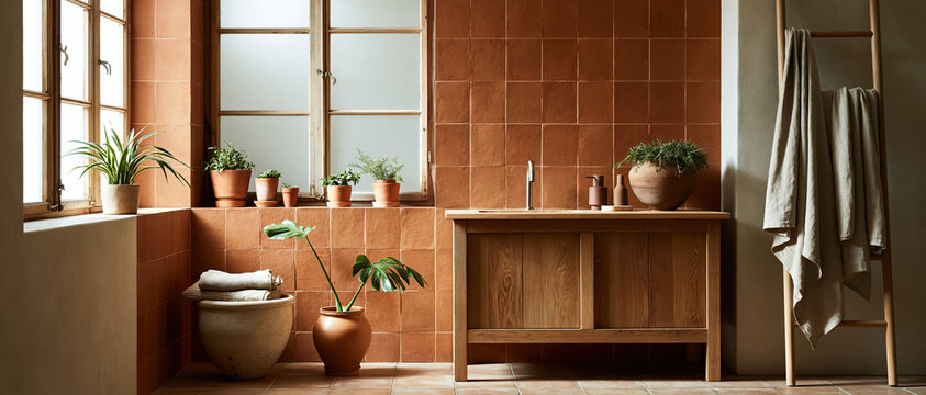 Earthy elegance meets biophilic design in this sundrenched Mediterranean bathroom. Handmade terracotta tiles, a wooden vanity, linen towels, and lush greenery create effortless organic.