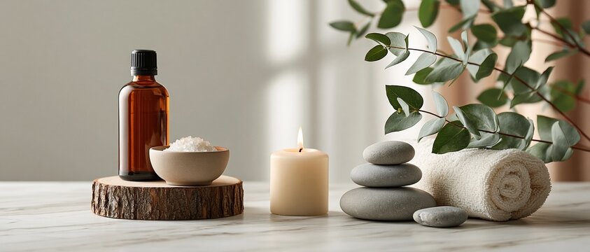 Holistic wellness ritual arranged on white marble amber essential oil bottle, sea salt bowl, lit candle, stacked zen stones, rolled towel, and eucalyptus. Perfect for spa, selfcare, and.