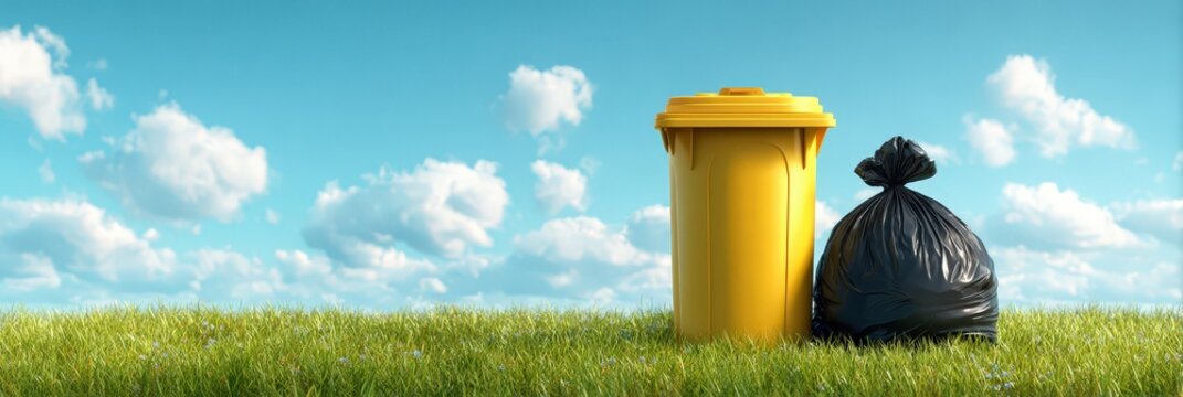 yellow trash bin and black garbage bags standing on green grass under blue sky, representing waste management, cleaning, recycling and environmental responsibility