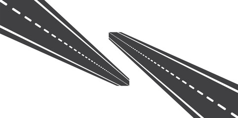 Fototapeta premium Abstract illustration of two converging asphalt roads with white lane markings isolated on a plain white background