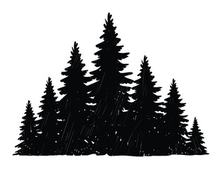 Obraz premium Dibujo a mano de una silueta de bosque de pinos aislada sobre fondo blanco